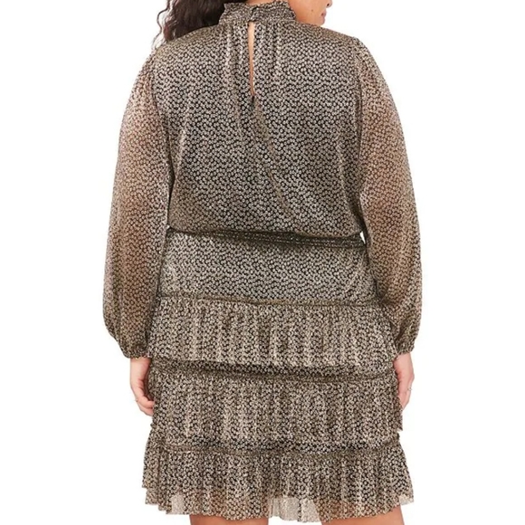 Plus Size Long Sleeve Mock Neck Smocked Waist Tiered Metallic Dress - Picture 2 of 10